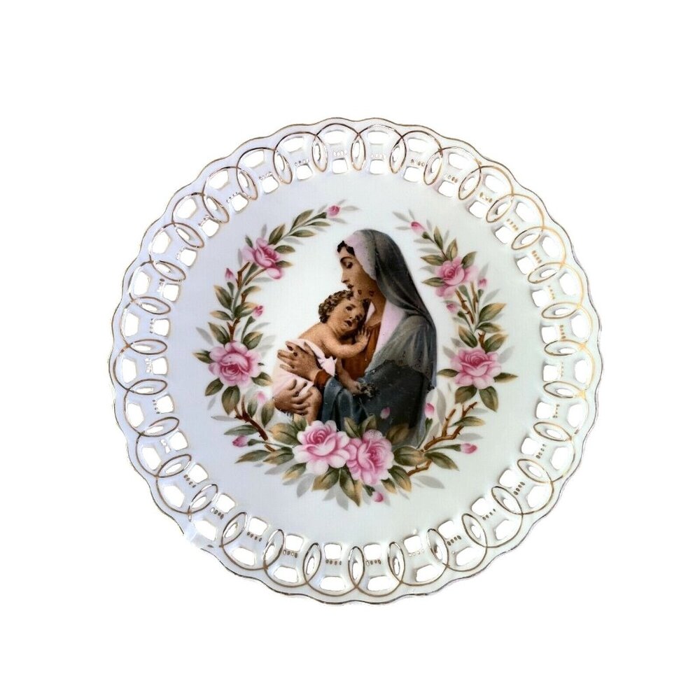 Lefton Japan 7 3/4" Mary & Baby Jesus Reticulated Latticed Decorative Plate READ